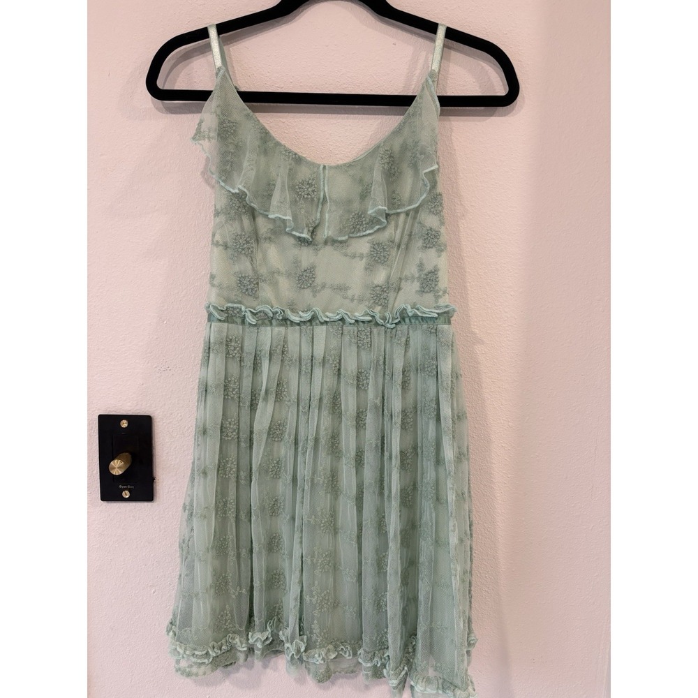 Lost Sage Green Mesh Floral Embroidered Ruffle Mini Dress Womens Small